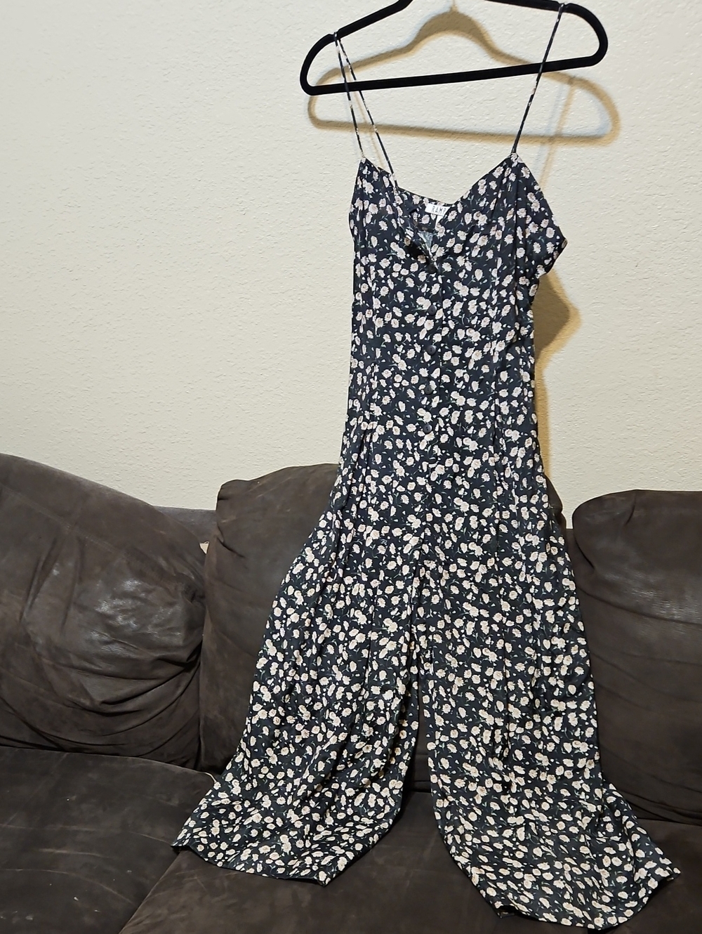 Rampage Black and Cream Floral Spaghetti-Strap Cropped Wide Leg Jumpsuit